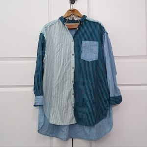 Free People Tunic Shirt Women's Medium Blue Combo Rags to Riches Oversized Patch